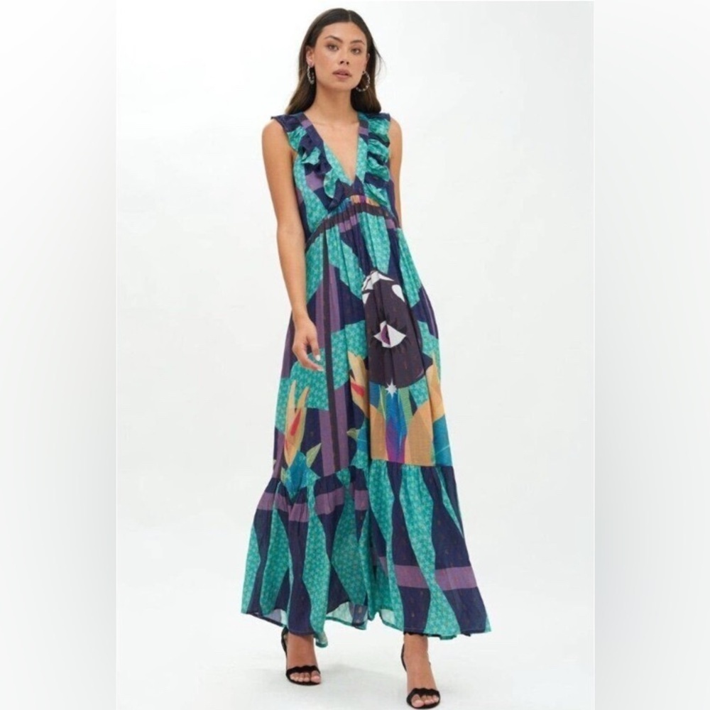 NWT Oliphant Ruffle V-Neck Maxi Dress in Tarot Eggplant Print, Size S